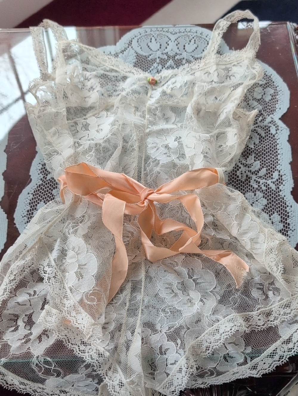 Lace See Through Teddy With Salmon Colored Ribbon And Small Rose
